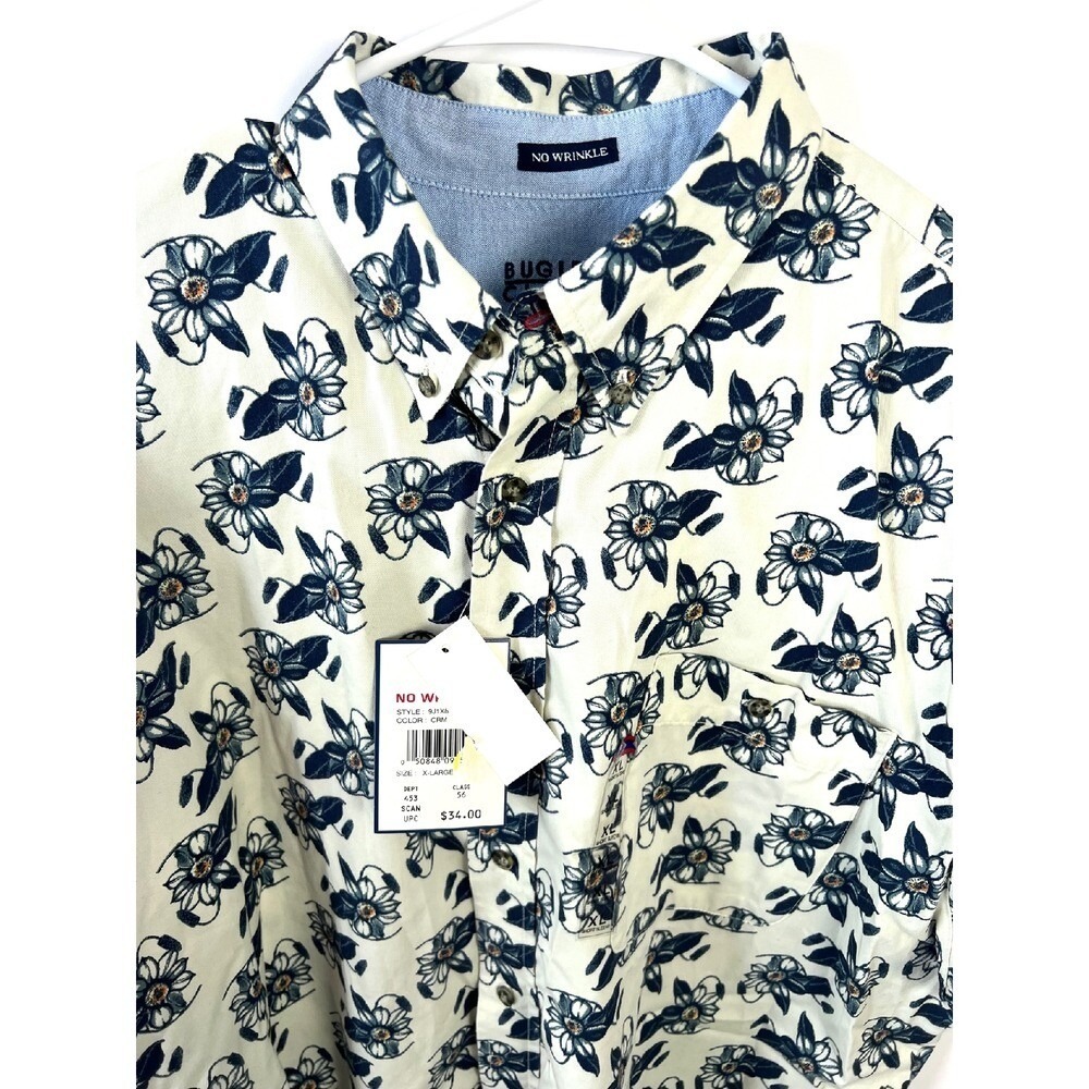 VTG Bugle Boy Mens Floral Blue Cotton Button Up Shirt Size XL Short Sleeve NWT